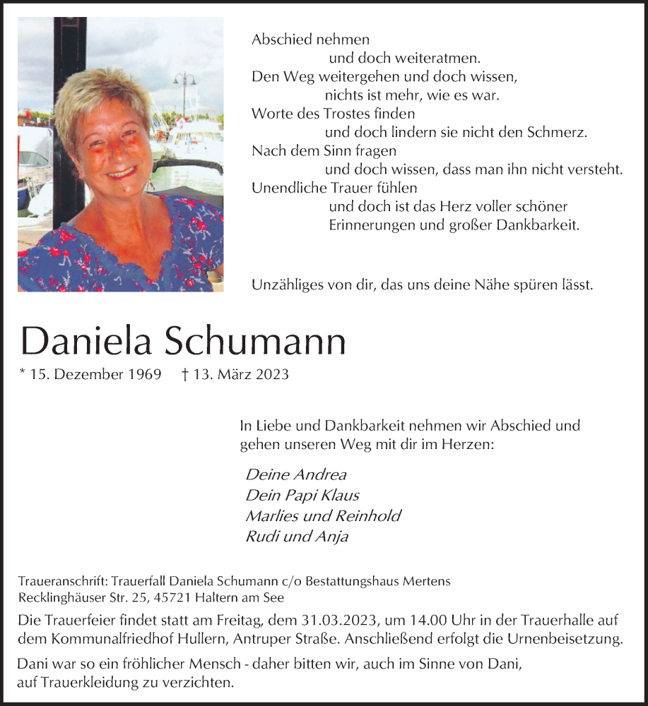  Traueranzeige für Daniela Schumann vom 18.03.2023 aus Ruhr Nachrichten und Halterner Zeitung