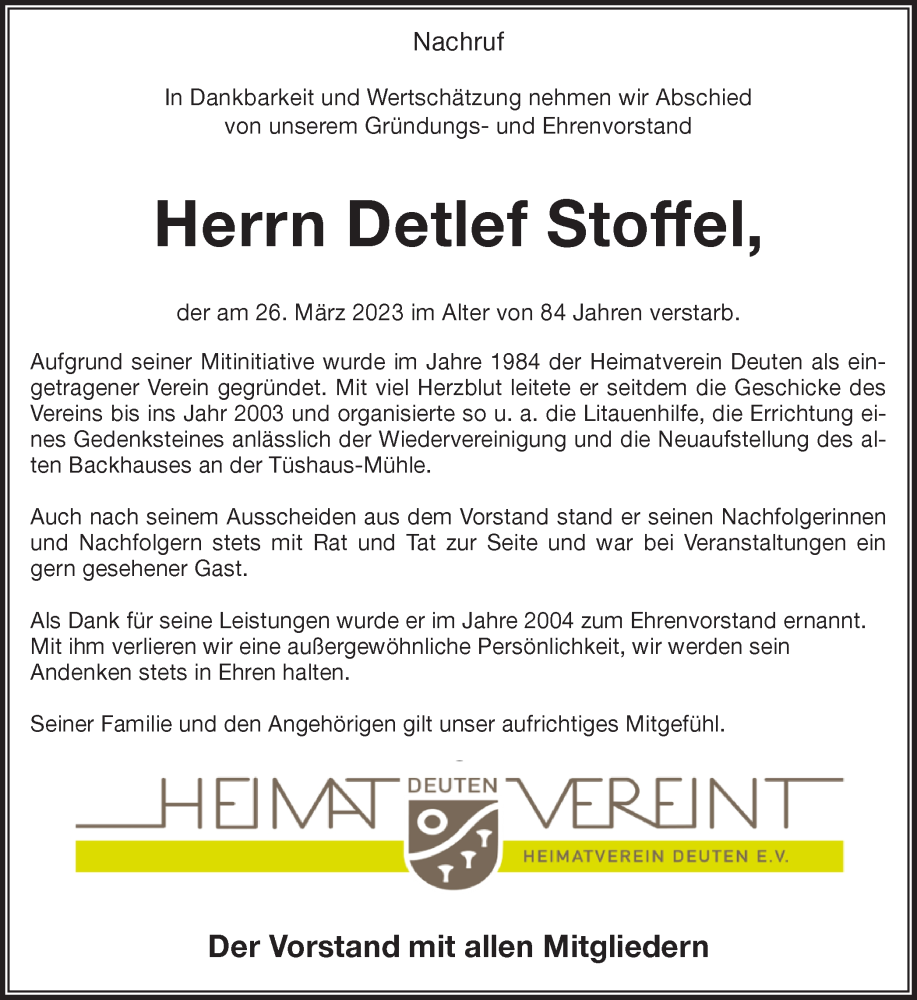  Traueranzeige für Detlef Stoffel vom 31.03.2023 aus Ruhr Nachrichten und Dorstener Zeitung