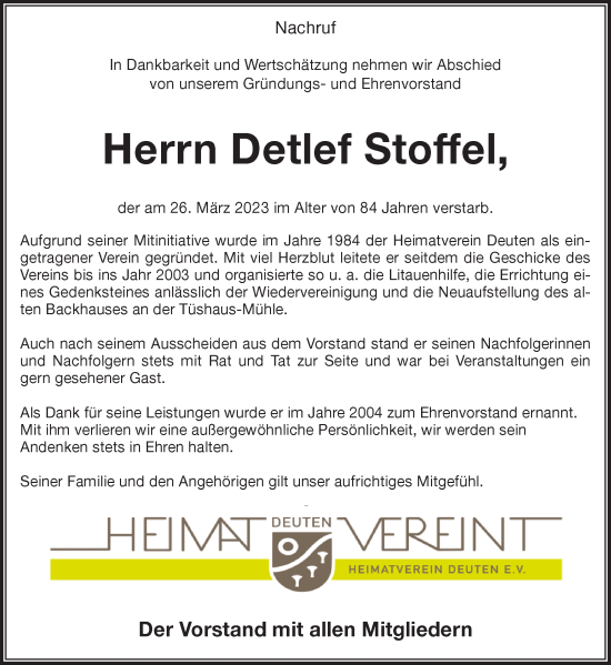 Traueranzeige von Detlef Stoffel von Ruhr Nachrichten und Dorstener Zeitung