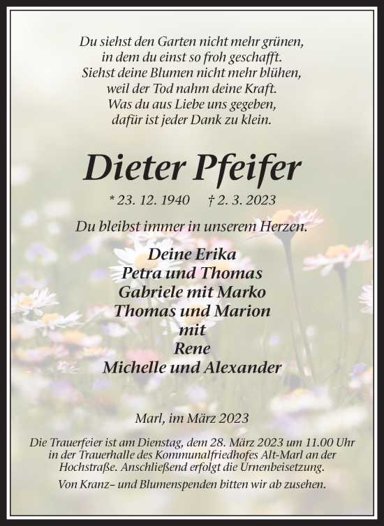 Traueranzeige von Dieter Pfeifer von Medienhaus Bauer