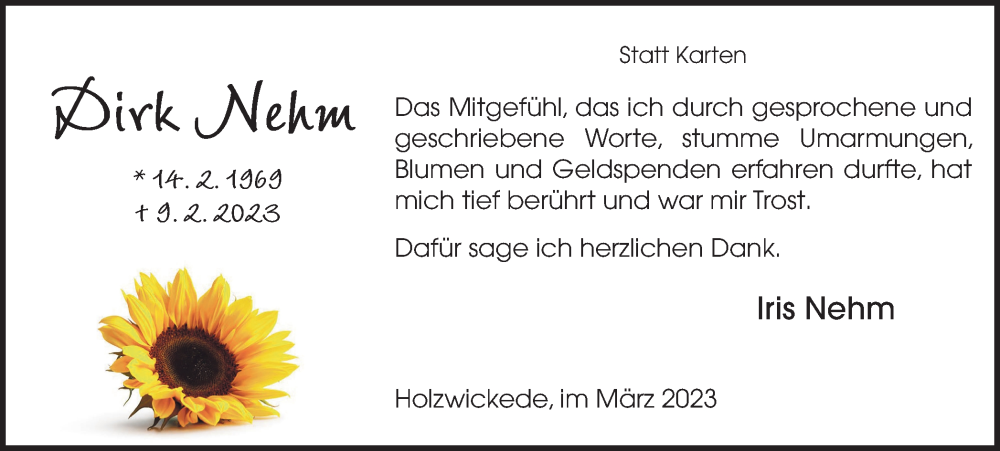  Traueranzeige für Dirk Nehm vom 25.03.2023 aus Hellweger Anzeiger