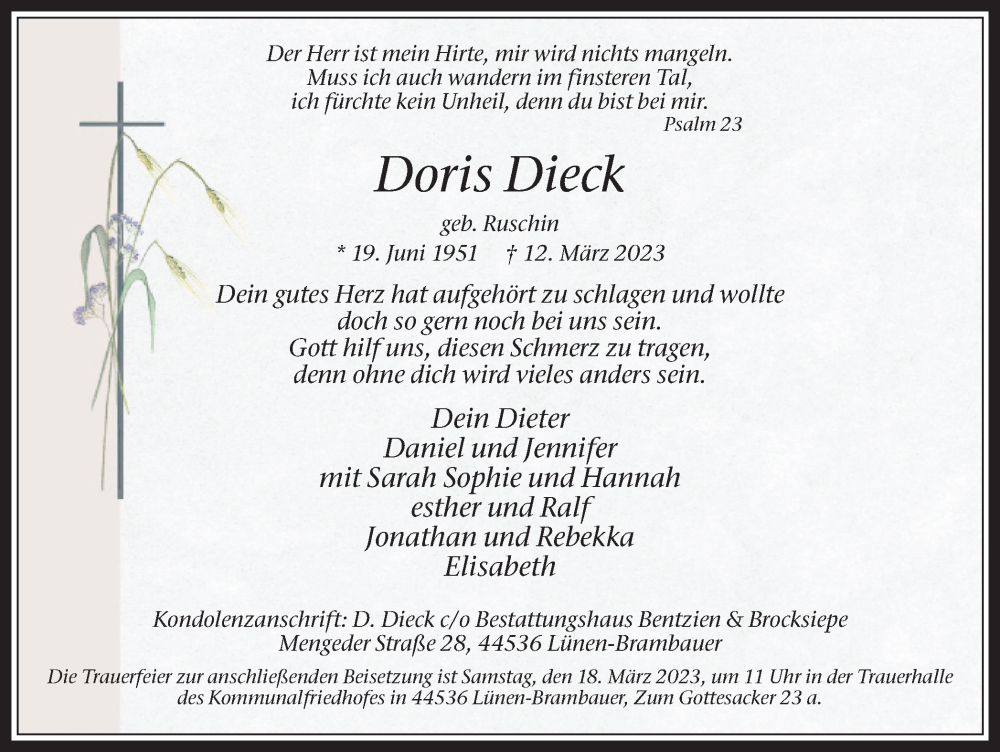  Traueranzeige für Doris Dieck vom 16.03.2023 aus Medienhaus Bauer