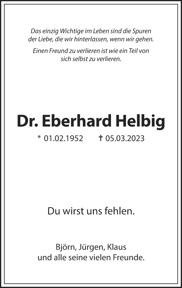  Traueranzeige für Eberhard Helbig vom 25.03.2023 aus Medienhaus Bauer