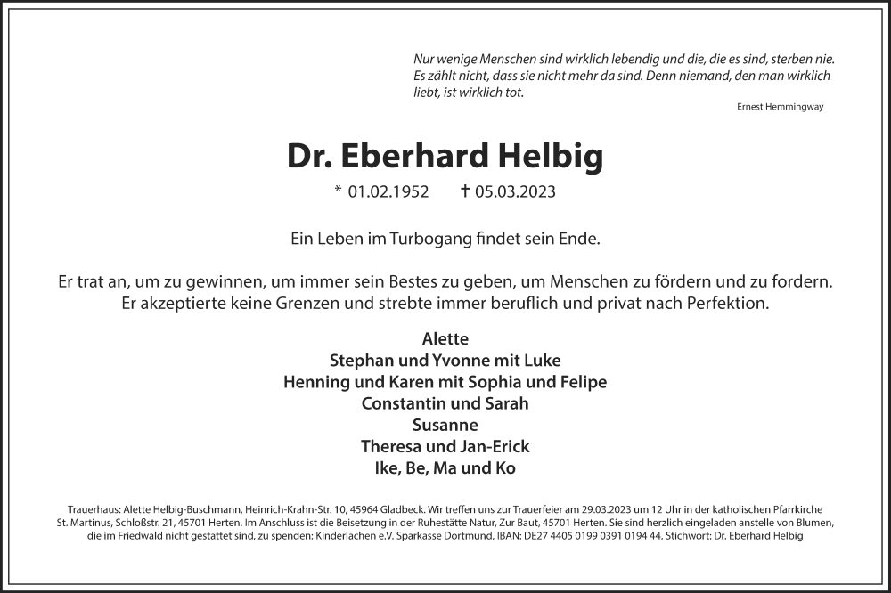  Traueranzeige für Eberhard Helbig vom 25.03.2023 aus Medienhaus Bauer