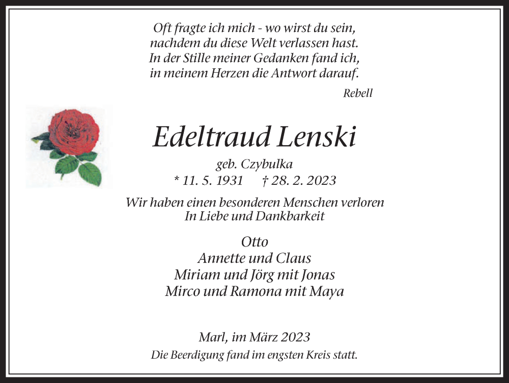  Traueranzeige für Edeltraud Lenski vom 25.03.2023 aus Medienhaus Bauer