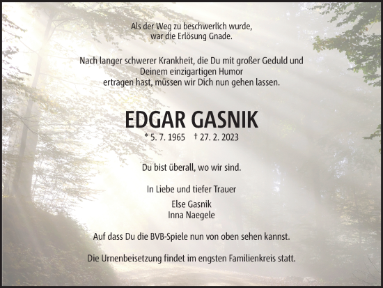 Traueranzeige von Edgar Gasnik 