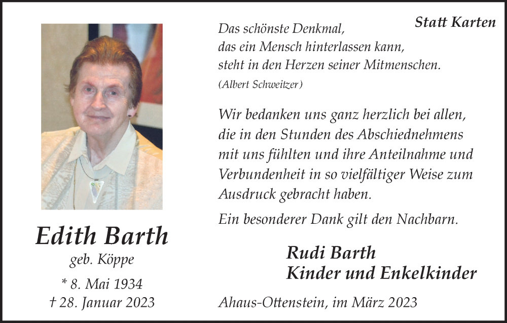  Traueranzeige für Edith Barth vom 11.03.2023 aus Münstersche Zeitung und Münsterland Zeitung