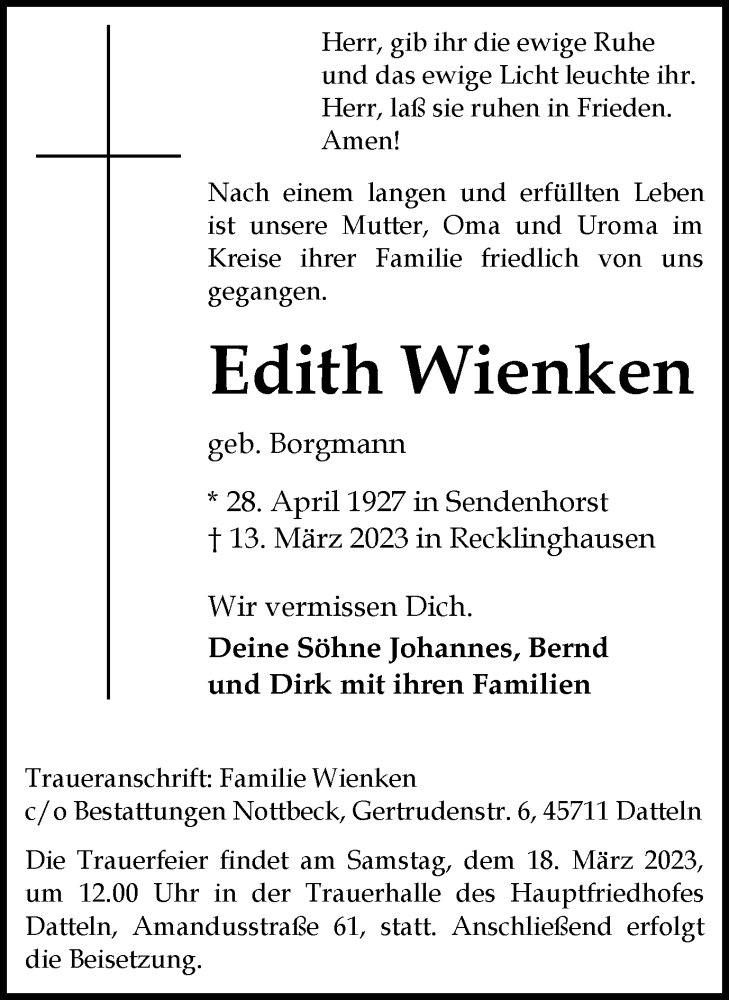  Traueranzeige für Edith Wienken vom 16.03.2023 aus Medienhaus Bauer