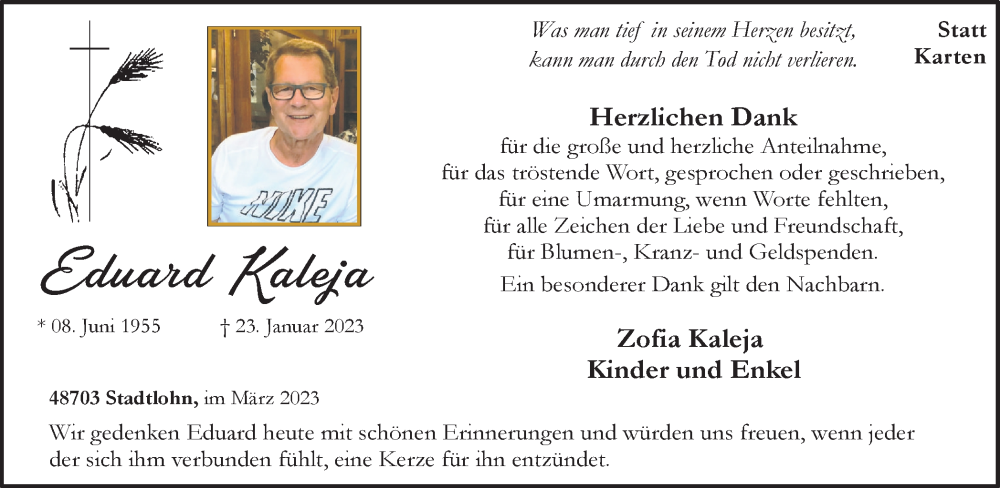  Traueranzeige für Eduard Kaleja vom 04.03.2023 aus Münstersche Zeitung und Münsterland Zeitung