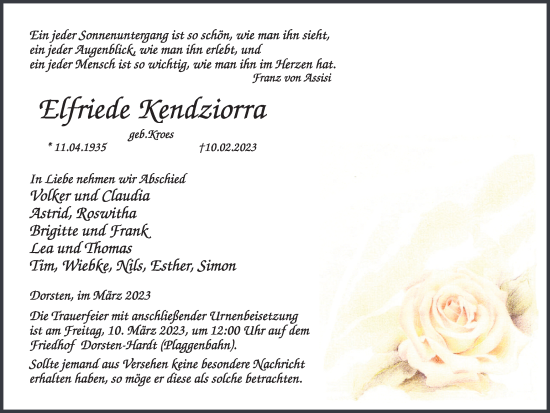 Traueranzeige von Effriede Kendziorra von Ruhr Nachrichten und Dorstener Zeitung