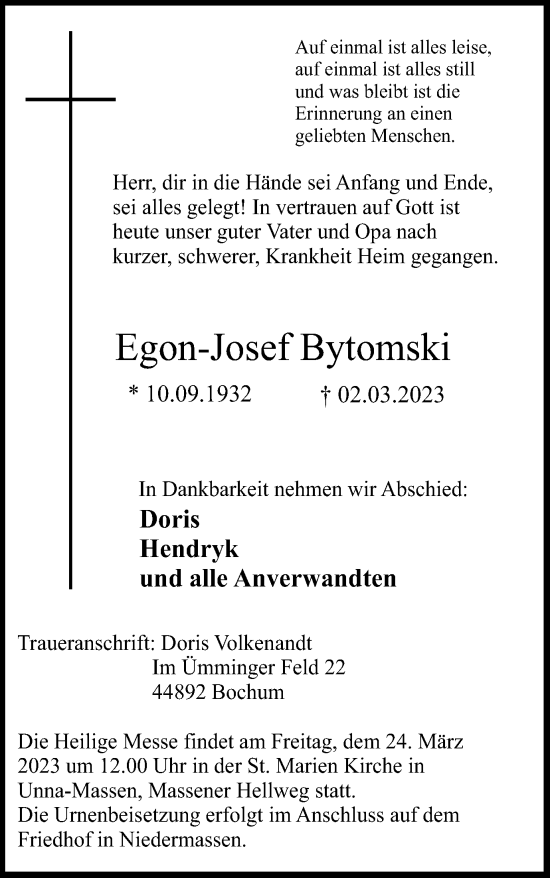 Traueranzeige von Egon-Josef Bytomski von Hellweger Anzeiger