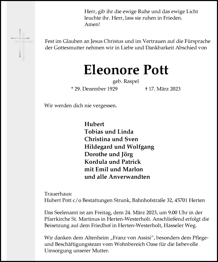  Traueranzeige für Eleonore Pott vom 22.03.2023 aus Medienhaus Bauer