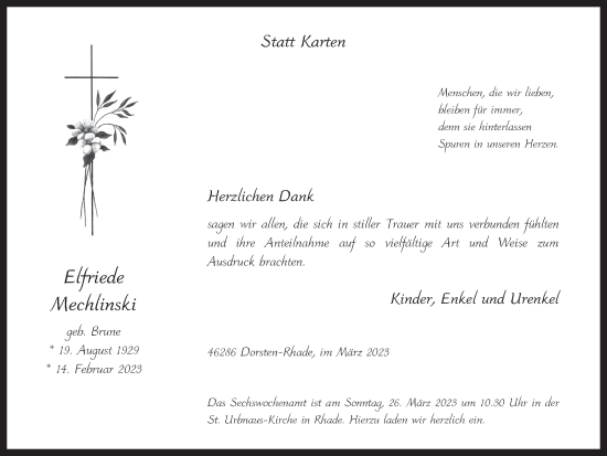 Traueranzeige von Elfriede Mechlinski von Ruhr Nachrichten und Dorstener Zeitung