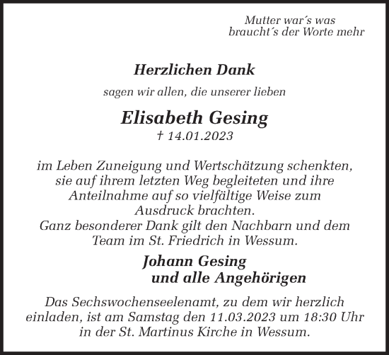Traueranzeige von Elisabeth Gesing von Münstersche Zeitung und Münsterland Zeitung