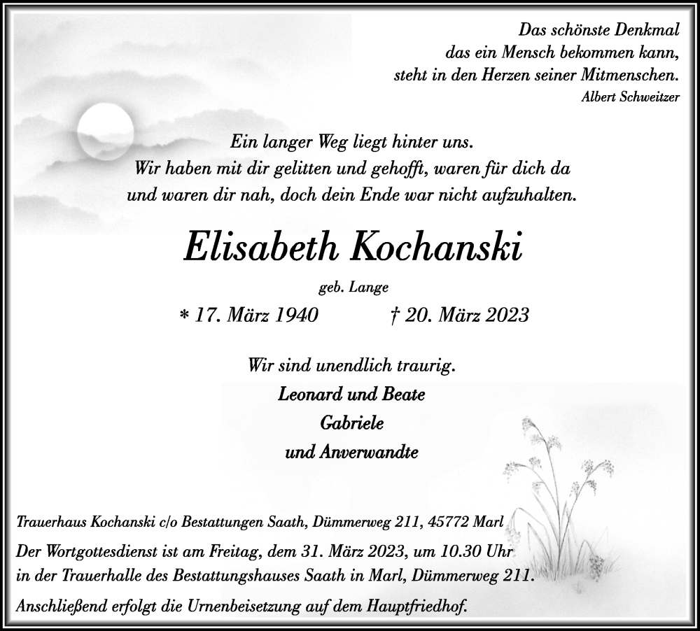  Traueranzeige für Elisabeth Kochanski vom 25.03.2023 aus Medienhaus Bauer