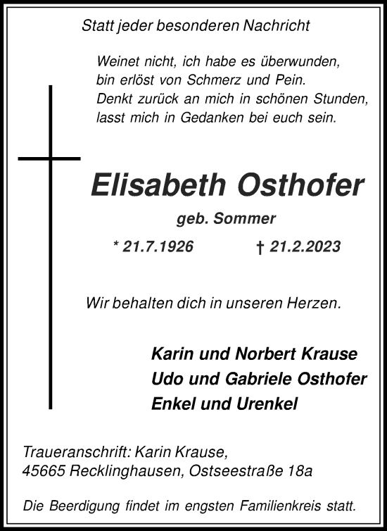 Traueranzeige von Elisabeth Osthofer von Medienhaus Bauer
