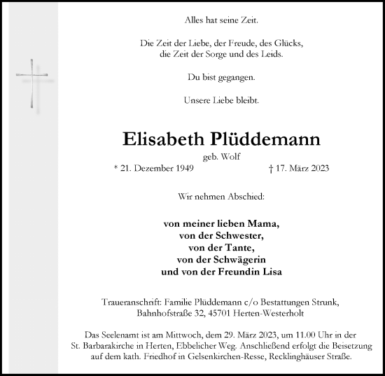 Traueranzeige von Elisabeth Plüddemann von Medienhaus Bauer