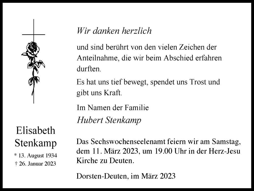  Traueranzeige für Elisabeth Stenkamp vom 04.03.2023 aus Ruhr Nachrichten und Dorstener Zeitung