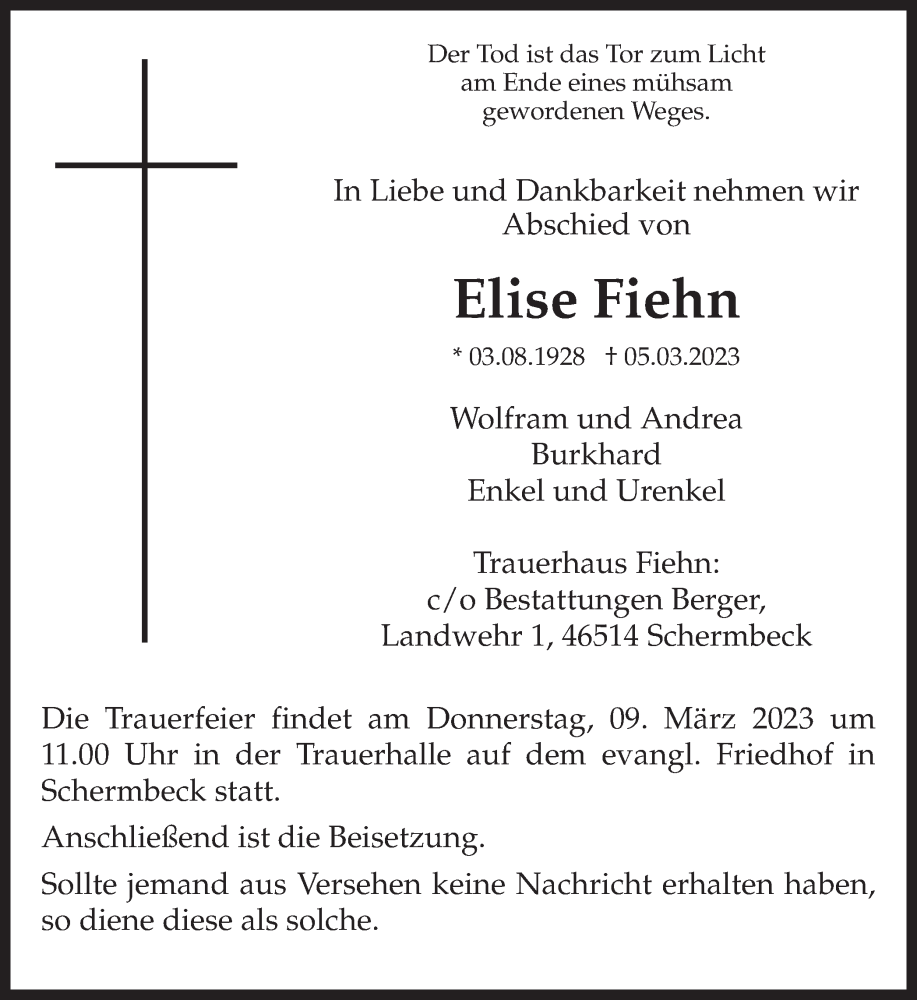  Traueranzeige für Elise Fiehn vom 07.03.2023 aus Ruhr Nachrichten und Dorstener Zeitung