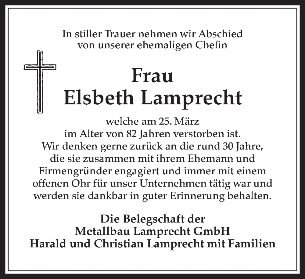  Traueranzeige für Elsbeth Lamprecht vom 28.03.2023 aus Medienhaus Bauer
