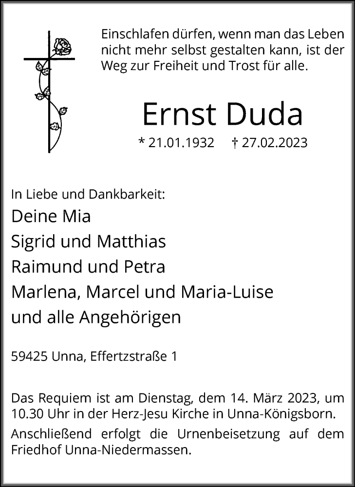  Traueranzeige für Ernst Duda vom 04.03.2023 aus Hellweger Anzeiger