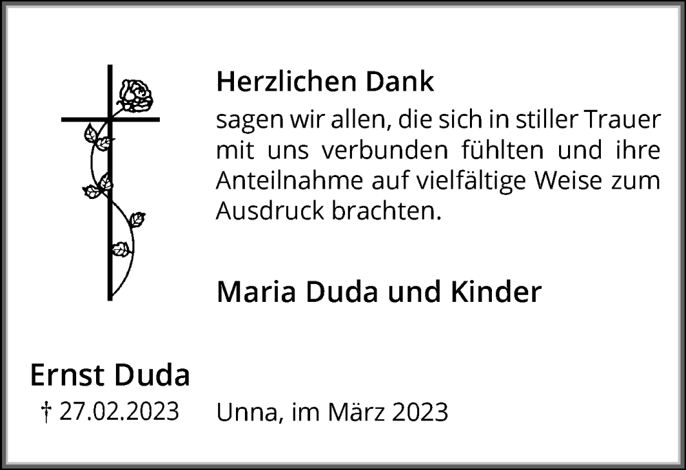  Traueranzeige für Ernst Duda vom 25.03.2023 aus Hellweger Anzeiger
