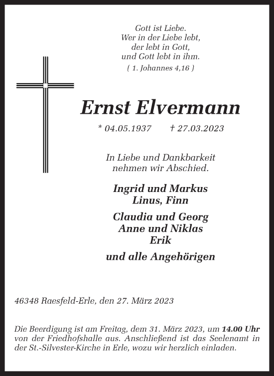 Traueranzeige von Ernst Elvermann