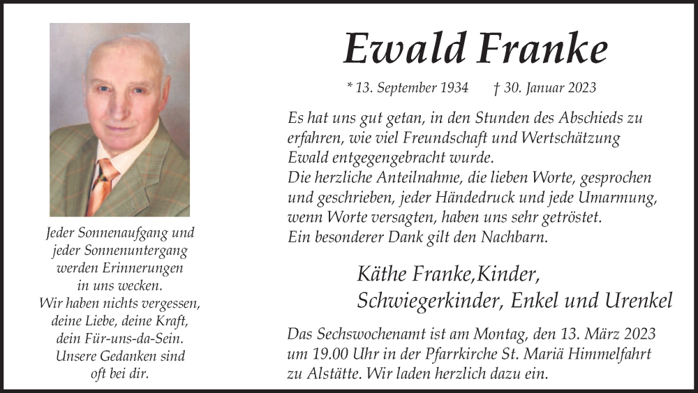  Traueranzeige für Ewald Franke vom 09.03.2023 aus Münstersche Zeitung und Münsterland Zeitung