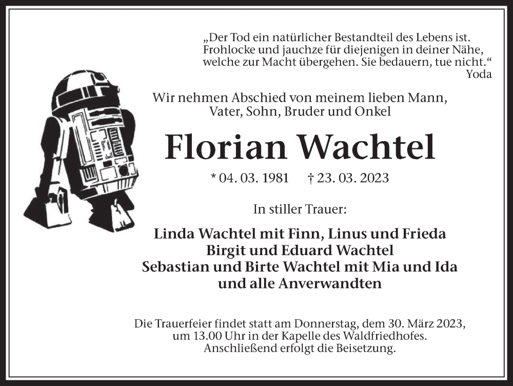  Traueranzeige für Florian Wachtel vom 29.03.2023 aus Medienhaus Bauer