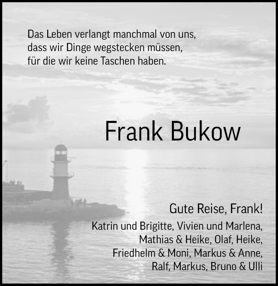 Traueranzeige für Frank Bukow vom 25.03.2023 aus Münstersche Zeitung und Münsterland Zeitung