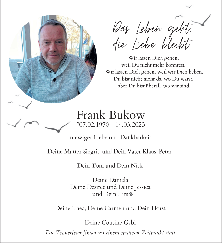  Traueranzeige für Frank Bukow vom 18.03.2023 aus Münstersche Zeitung und Münsterland Zeitung