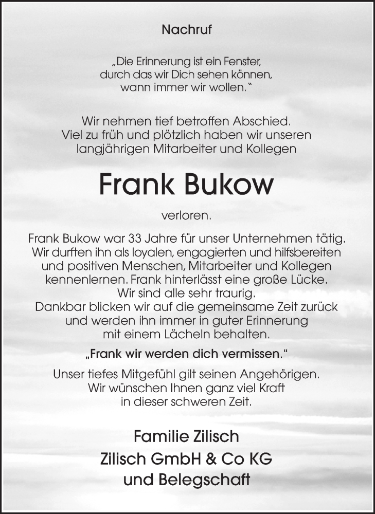  Traueranzeige für Frank Bukow vom 22.03.2023 aus Münstersche Zeitung und Münsterland Zeitung
