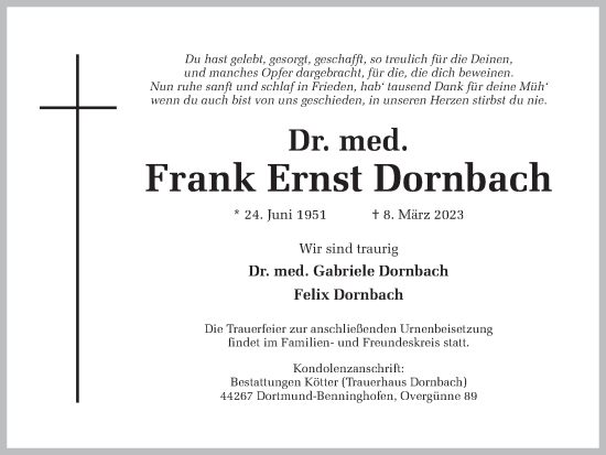 Traueranzeige von Frank Ernst Dornbach 
