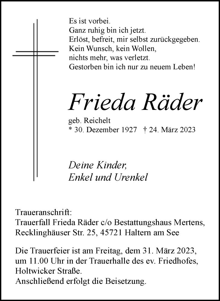  Traueranzeige für Frieda Räder vom 29.03.2023 aus Ruhr Nachrichten und Halterner Zeitung