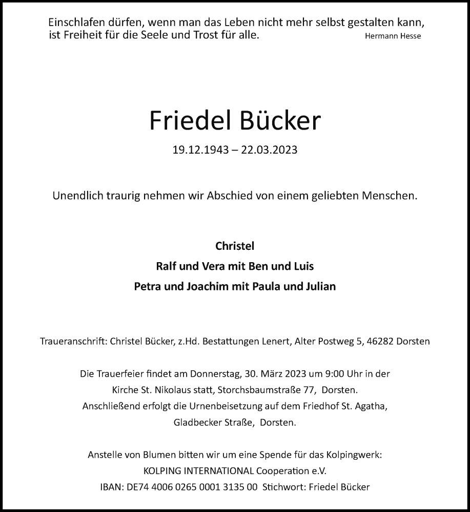  Traueranzeige für Friedel Bücker vom 25.03.2023 aus Ruhr Nachrichten und Dorstener Zeitung