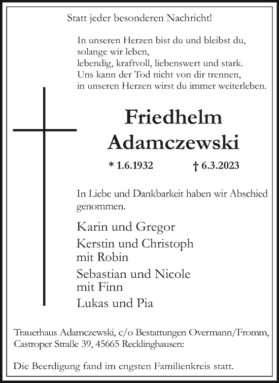 Traueranzeige von Friedhelm Adamczewski von Medienhaus Bauer