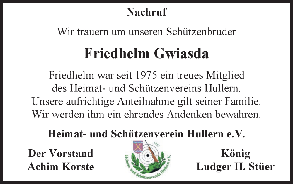  Traueranzeige für Friedhelm Gwiasda vom 29.03.2023 aus Ruhr Nachrichten und Halterner Zeitung
