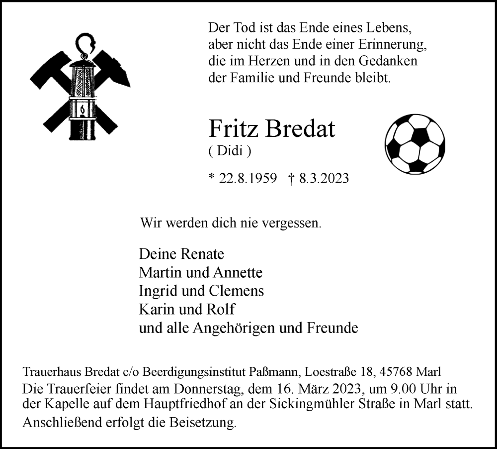  Traueranzeige für Fritz Bredat vom 11.03.2023 aus Medienhaus Bauer