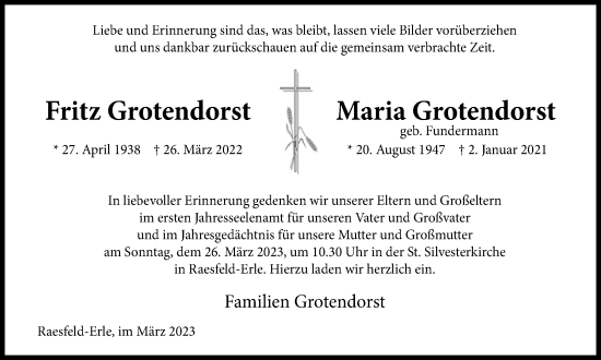 Traueranzeige von Fritz und Maria Grotendorst von Ruhr Nachrichten und Dorstener Zeitung