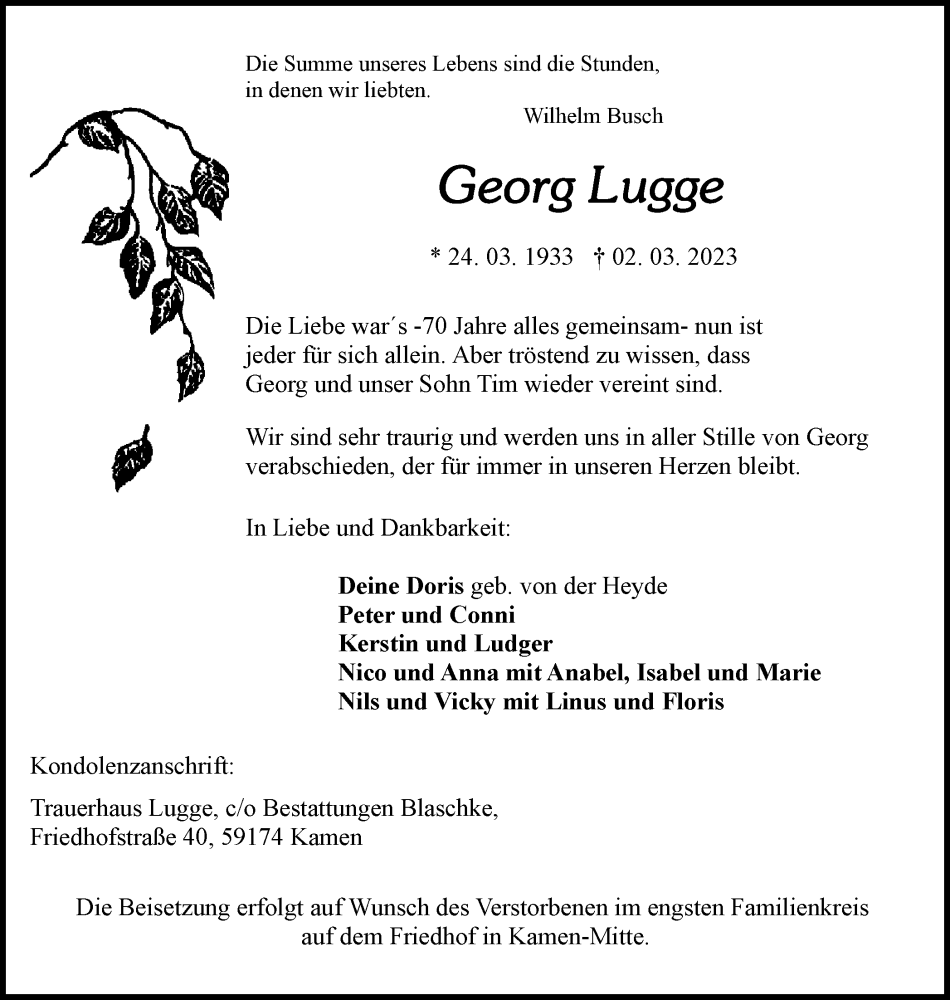  Traueranzeige für Georg Lugge vom 11.03.2023 aus Hellweger Anzeiger