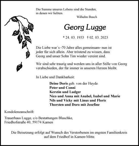 Traueranzeige von Georg Lugge von Hellweger Anzeiger