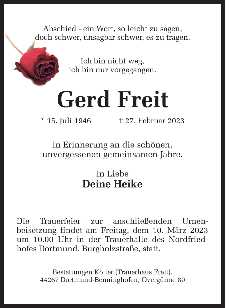  Traueranzeige für Gerd Freit vom 04.03.2023 aus 