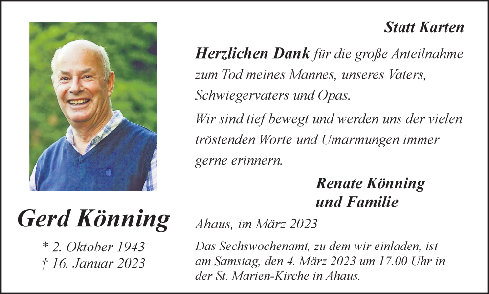 Traueranzeige für Gerd Könning vom 01.03.2023 aus Münstersche Zeitung und Münsterland Zeitung