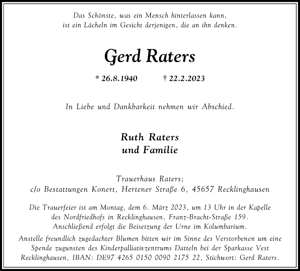 Traueranzeige für Gerd Raters vom 01.03.2023 aus Medienhaus Bauer
