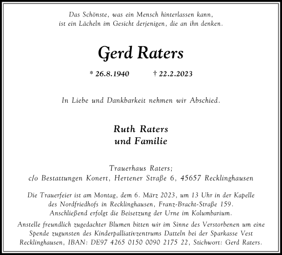 Traueranzeige von Gerd Raters von Medienhaus Bauer