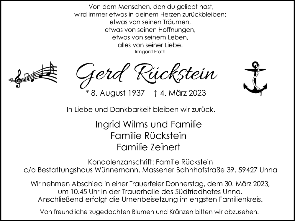  Traueranzeige für Gerd Rückstein vom 18.03.2023 aus Hellweger Anzeiger
