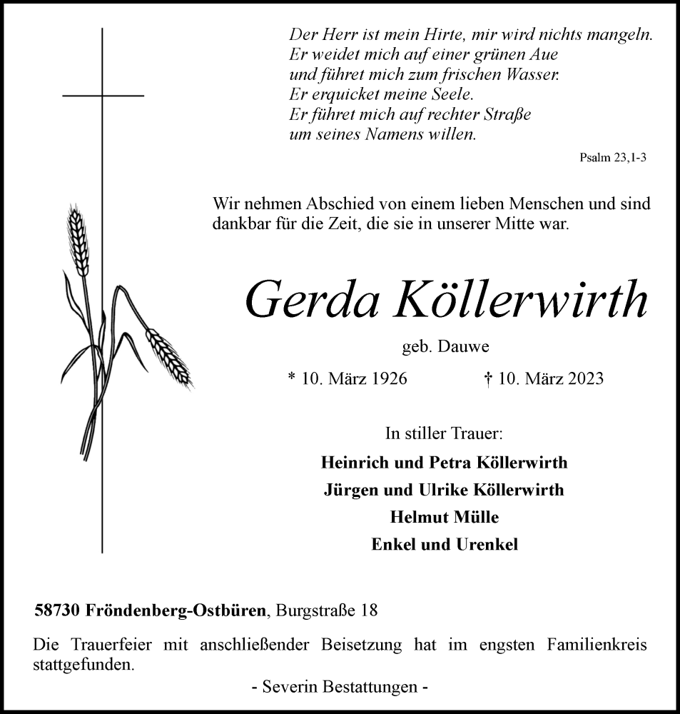  Traueranzeige für Gerda Köllerwirth vom 18.03.2023 aus Hellweger Anzeiger