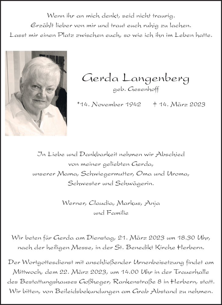  Traueranzeige für Gerda Langenberg vom 18.03.2023 aus Ruhr Nachrichten