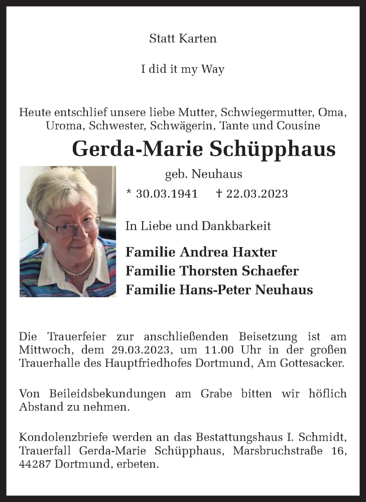  Traueranzeige für Gerda-Marie Schüpphaus vom 25.03.2023 aus 