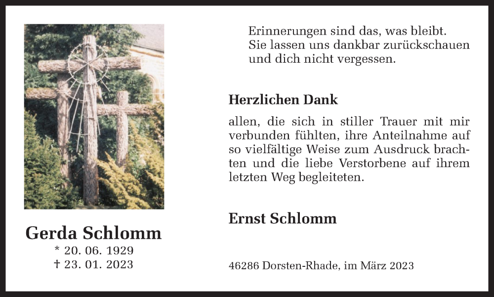  Traueranzeige für Gerda Schlomm vom 04.03.2023 aus Ruhr Nachrichten und Dorstener Zeitung